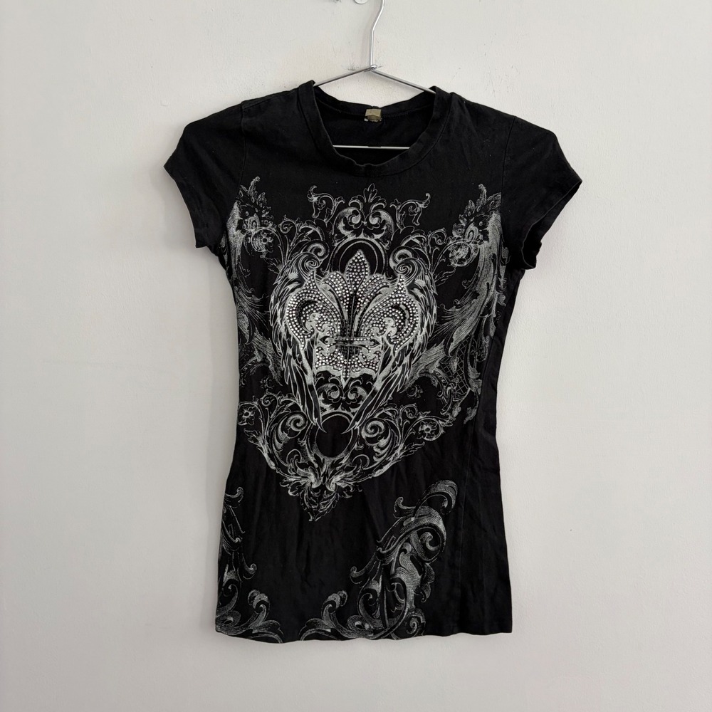 Class Casual Black Fleur De Lis Graphic T-Shirt Y2K Rhinestone Small
